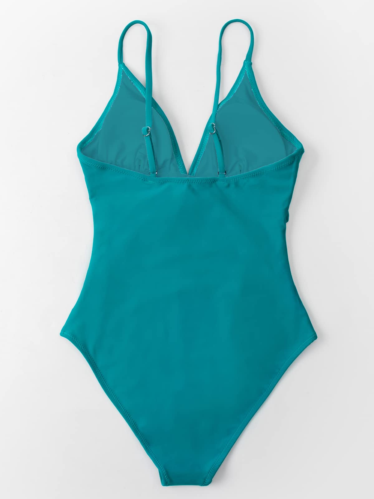 CUPSHE Womens Swimwear Teal Shirring Design V-Neck Low Back One Piece Swimsuit, Medium