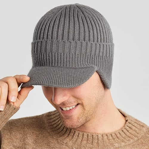 Men's Winter Knitted Baseball Beanie with Earflaps - Grey