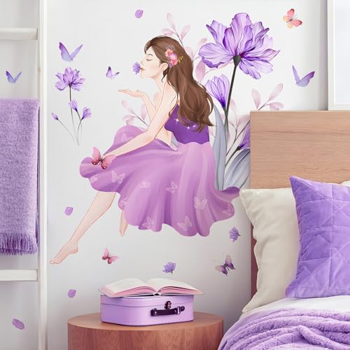 Butterfly Girl Wall Decals - Purple Flower Stickers, Fairy Decor for Girls Women Bedroom, Living Room, Sofa, TV Background