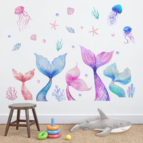 Yovkky Girls Mermaid Tail Wall Decals Stickers, Under The Sea Ocean Jellyfish Pearl Toddler Baby Nursery Decor, Beach Coastal Conch Coral Starfish Home Decorations Kids Bedroom Playroom Art