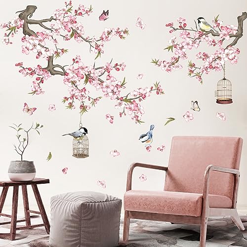 wondever Cherry Blossom Wall Stickers Pink Flowers Tree Branch Peel and Stick Wall Art Decals for Baby Nursery Bedroom