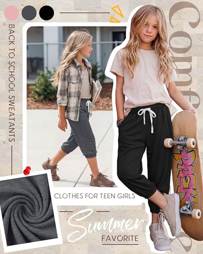 3-Pack Girls Capri Joggers - Black, Pink, Dark Heather Gray