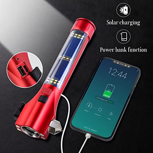 Car Flashlights for Emergencies, Window Breaker Seatbelt Cutter Multifunction Solar Flashlights, Waterproof LED Flashlight Rechargeable Solar Powered Emergency Flashlight for Outdoor