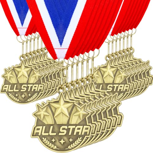 30 Pcs 2'' Gold All Star Award Medals with Ribbons
