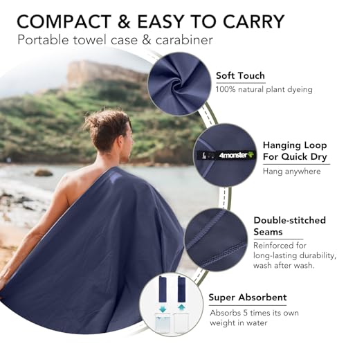 Quick Dry Microfiber Travel Towel with Case & Carabiner - Navy Blue, 47" x 23.6"