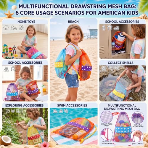 Beach Toy Mesh Bags - 12 Pcs Drawstring Backpack Set - Seashell