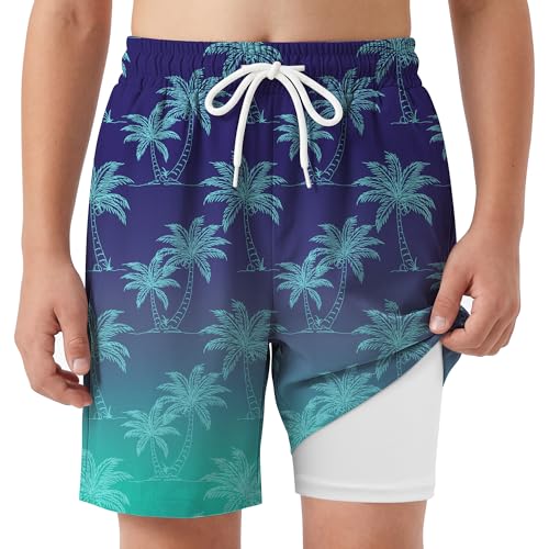 Boys Swim Trunks with Boxer Liner - A-Palm Blue, 10-12 Years