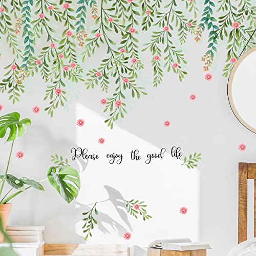 Runtoo Hanging Vine Flower Wall Decals Green Plant Leaves Wall Stickers for Bedroom Living Room Wall Art Decor