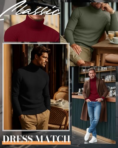 3 Pack Men's Mock Turtleneck Long Sleeve Ribbed Shirts – Locoowai, X-Large, Matcha Green / Wine Red / Black
