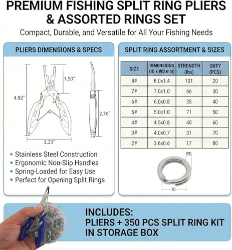 350pcs Fishing Split Rings Kit - 7 Sizes High Strength Steel - Silver