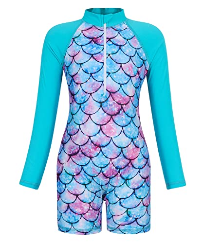 Kids One-Piece Swimwear Rash Guard - Mermaid/Floral - 7-8 Years / Blue