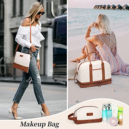 BOLOSTA Beige Canvas Weekender Bag for Women with Shoe Compartment - Large Travel Tote, Carry-On Overnight Duffel, Versatile Gift