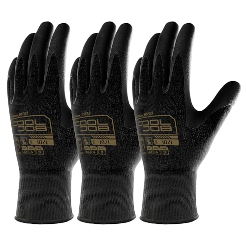 COOLJOB A3 Cut Resistant Safety Work Gloves for Men Women, Black Nitrile Coated Rubber Fishing Gloves Knife Proof, Touchscreen, Extra Hand Protection for Wood Cutting Carving, 3 Pairs Large