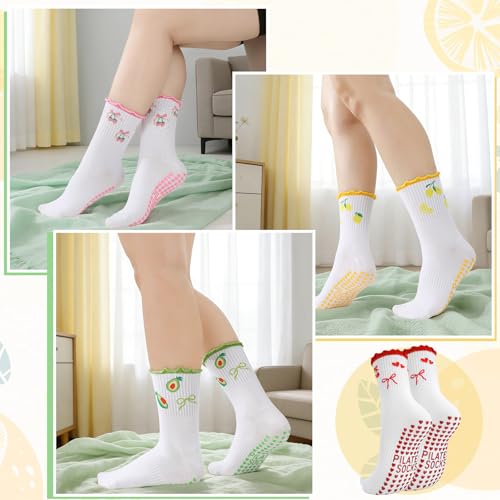 Non-Slip Pilates Grippy Socks for Women - Ruffle Design, 4 Pairs - Red Pink Yellow Green