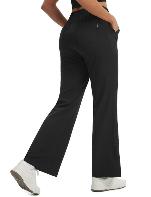 baleaf Women's Hiking Pants Lightweight Water Resistant Travel Flare Pants with Pockets Quick Dry Breathable Drawstring Waist Black L