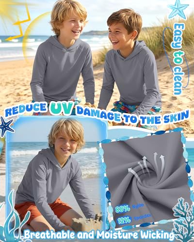 Boys Long Sleeve Rash Guard Hoodie UPF50+ - Gray, 7-8 Years