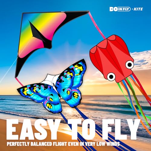 Doinfly 3-Piece Butterfly & Octopus Delta Kites for Kids & Adults, Easy Fly Blue Butterfly Red Octopus Variation