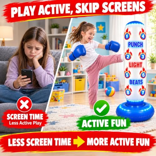 Kids Punch Light Beats Boxing Set with LED Lights Gloves & Pump – Inflatable Freestanding Bag, Birthday Gift for Boys & Girls 3-12