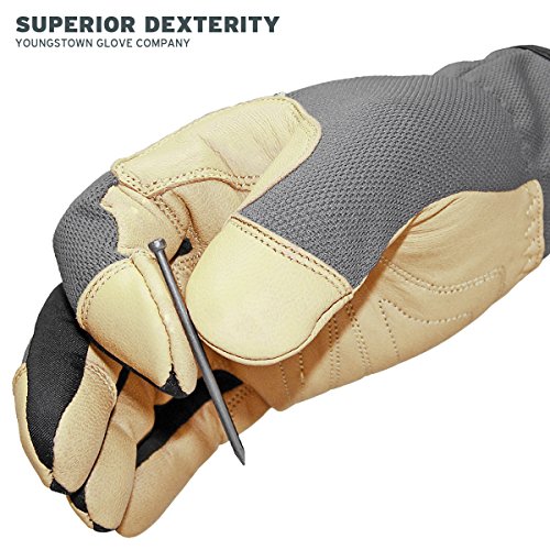 Youngstown Glove Hybrid Plus Leather Palm Heavy Duty Work Gloves For Men - Washable, Durable, Form-Fit - Gray
