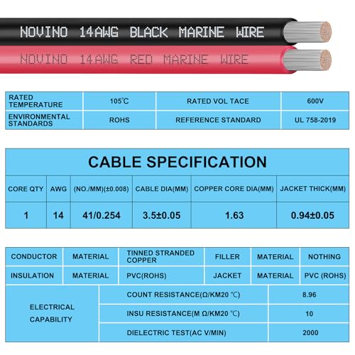 14 Gauge Marine Wire - 30FT Red & Black, Tinned Copper Electrical Cable