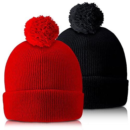 Winter Pom Beanie Hat Set - Red & Black Knit Caps for Men & Women