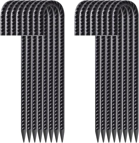 12 Inch Heavy Duty J Hook Ground Stakes - 16 Pack, Black