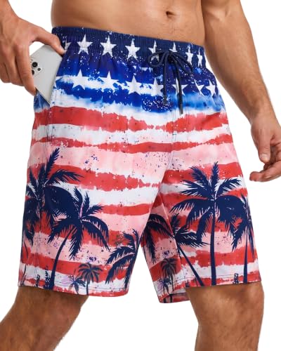 Yufawow Men's 9 Inch Navy Star Swim Trunks with Mesh Lining, Quick Dry Beach & Pool Shorts, Large