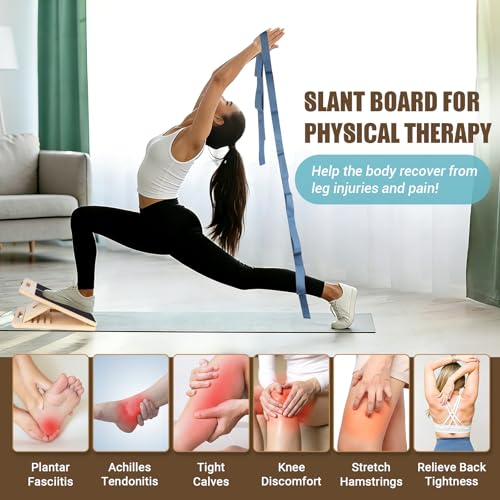 Calf Stretch Slant Board with Strap - Adjustable Wooden Incline Board - Black