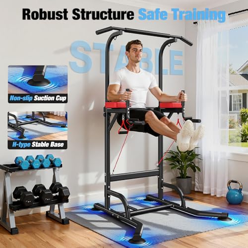 Multi-Function Pull Up Bar Power Tower - Height Adjustable, Black Red
