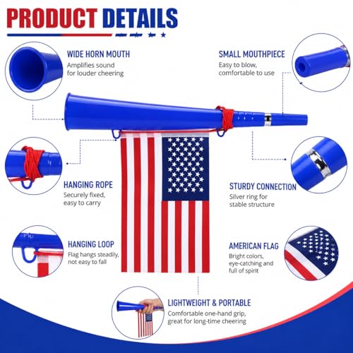 3 Pack American Flag Stadium Horns - Loud Plastic Noise Makers