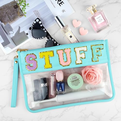 Cute Chenille Letter Makeup Bag - Clear Portable Pouch, Cyan Stuff