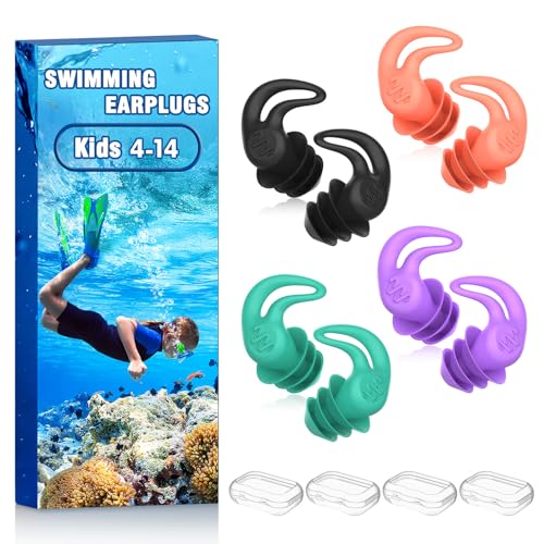 Swimming Ear Plugs for Kids & Adults - 4 Pairs, Black+Green+Purple+Pink