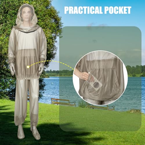 HOMEYA Net Suit L/XL Full-Body Mosquito Protection Suit (Beige, Large-XL) with Hooded Jacket, Pants & Gloves