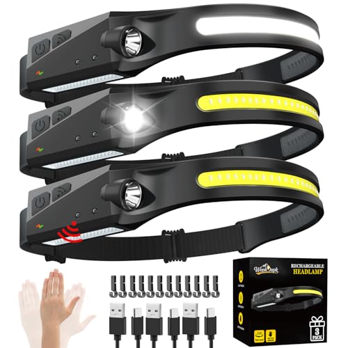 Rechargeable Headlamp 3-Pack - 230° LED, Motion Sensor, 5 Modes