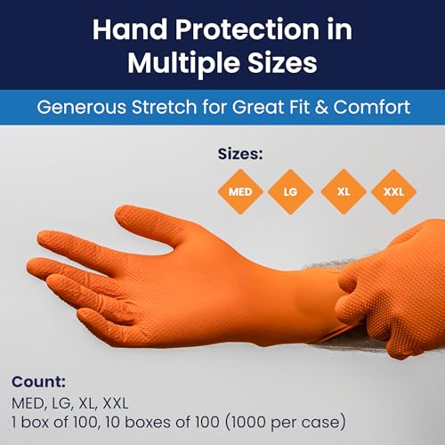 Adenna ProWorks CATCH Disposable Nitrile Gloves ? 9 Mil, Heavy Duty Work Rubber Glove with Raised Pyramid Grip, Non?Latex & Powder Free, Pack of 100, Medium, Orange