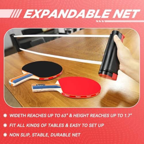 Ping Pong Paddle Set with 4 Rackets, 8 Balls & Retractable Net - Black/Red