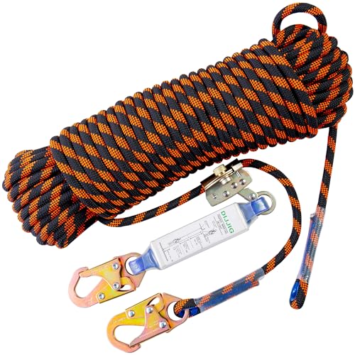 Rope Harness Safety Lanyard 25ft Vertical Roofing Rope With Grab Snap Hooks Shock Absorber Fall Protection Tree Climbing Line Kit Heavy Duty Roof Safety Equipment ANSI CE