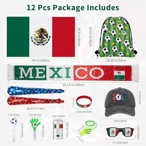 2026 World Cup Fan Set - 12 Pcs Mexico Kit with Flag, Scarf, Whistle & More
