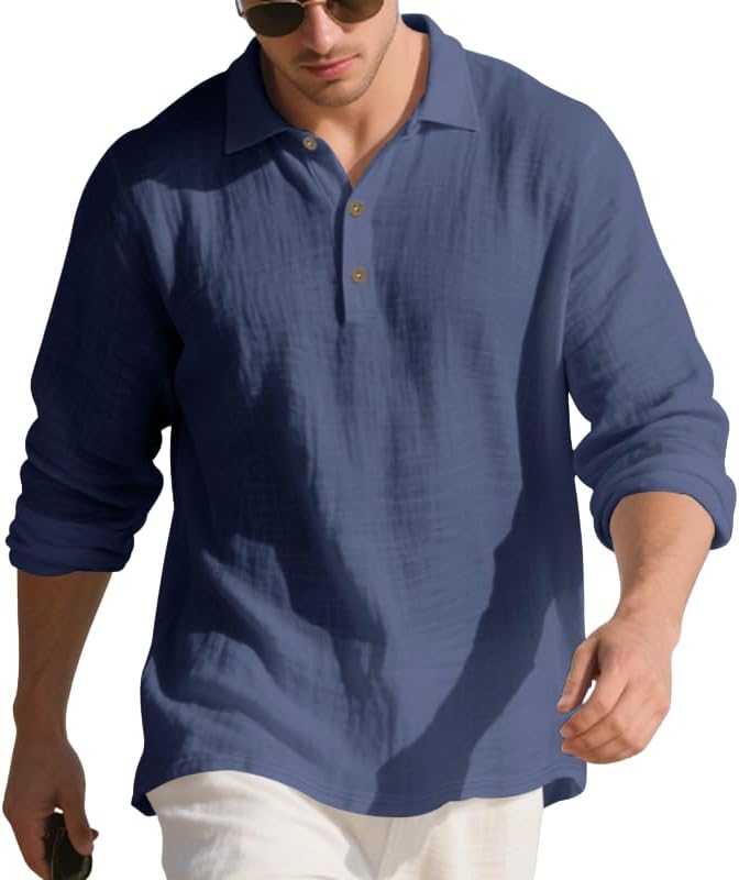 Skiennix Casual Linen Blend Shirt - Men's Long Sleeve Solid White for Spring & Autumn Wear