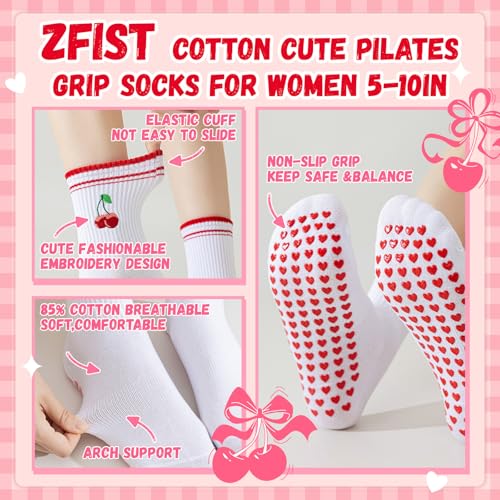 Cotton Pilates Socks with Grips for Women - 4 Pairs Pink & Red