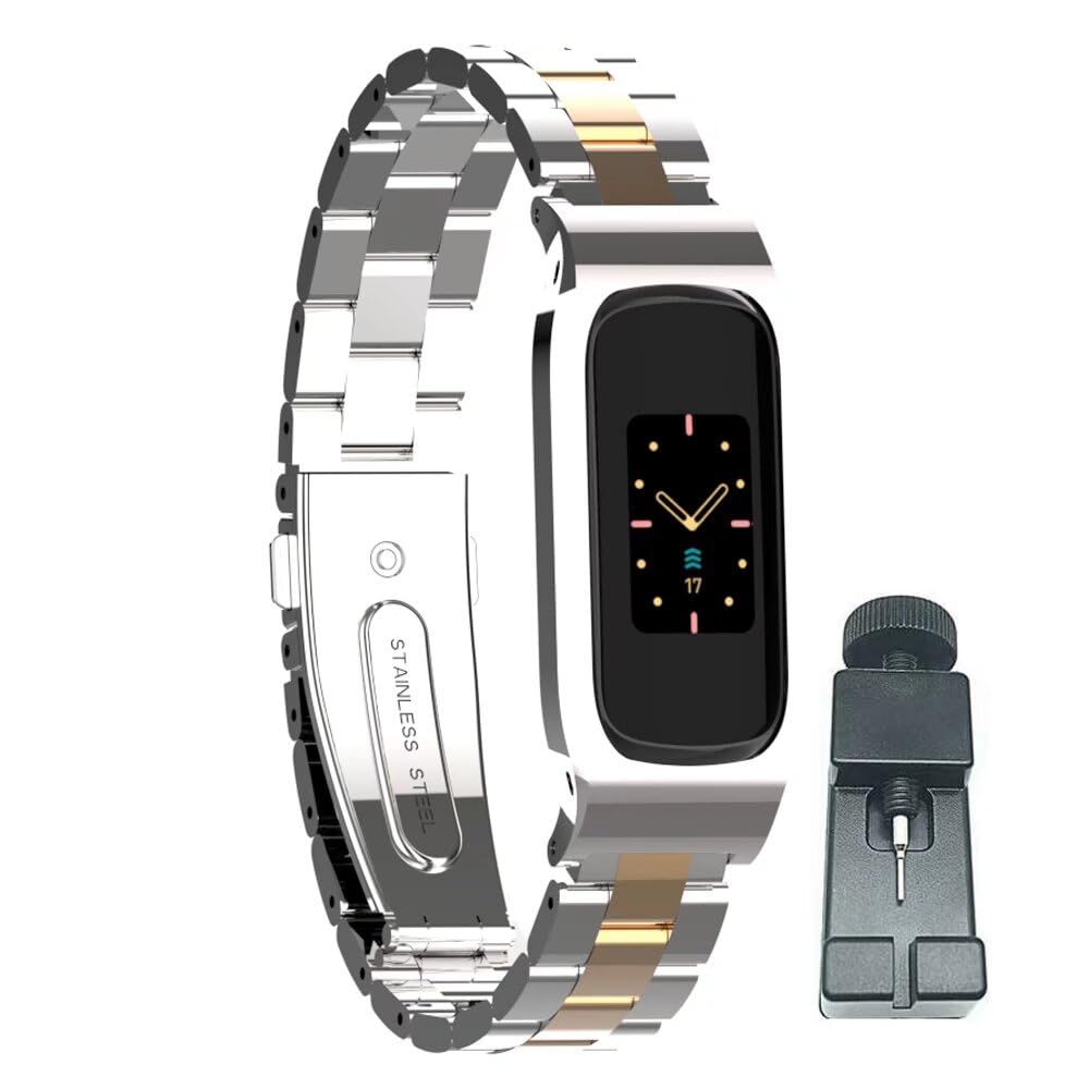T-BLUER Compatible with Fitbit Luxe bands,Stainless Steel Metal Replacement Strap Wrist Band Compatible for Luxe Fitness Tracker,Silver Gold