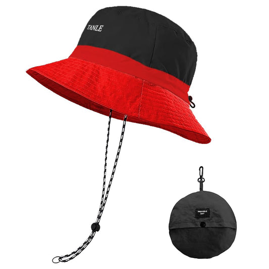 Foldable Bucket Hat for Men Women - Quick Dry Wide Brim Sun Hat with UPF 50+ UV Protection, Packable Breathable Cap for Travel, Hiking, Fishing & Beach（Black red）