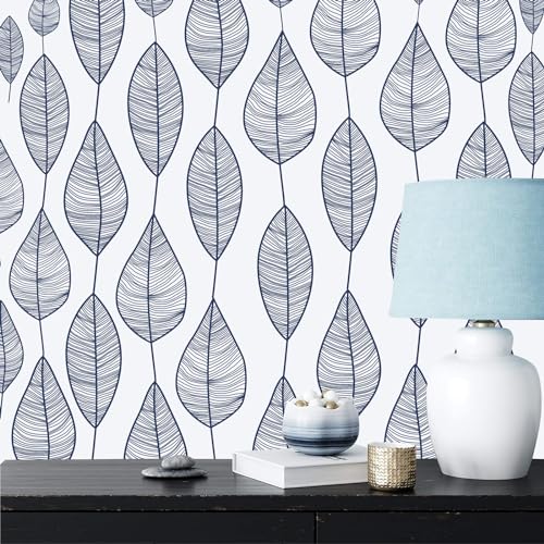 Stripy Leaf Wall Decals Modern Blue Leaf Wall Stickers Tree Leaves Wall Decals Peel and Stick Plant Botanical Leaves Stickers Removable Small Leaf Stickers for Bedroom Living Room Decor