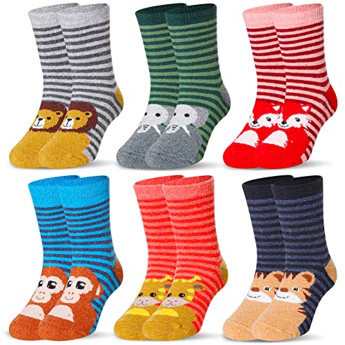Kids Wool Socks for Boys Girls 4-7 Years Stripe Animal Warm Winter Thermal 6 Pairs