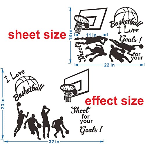 Basketball Wall Sticker for Boys Room - Action Silhouettes & Hoop Design with ¡°I Love Basketball¡± Quote - Removable Vinyl PVC Decal for Bedroom, Playroom, Sports Decor - 32x23 Inch JWH178 (Black)