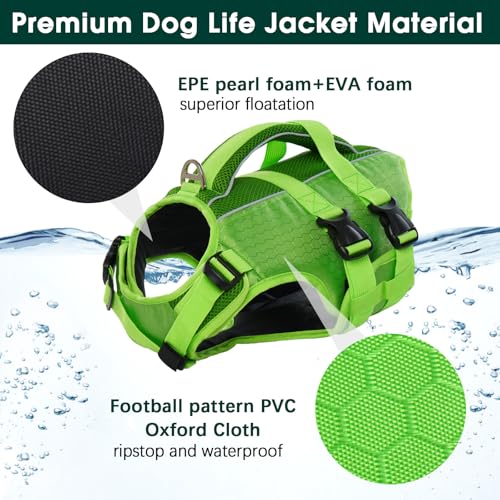 Kuoser XL Reflective Dog Life Jacket Green, High Flotation Pet Swim Vest