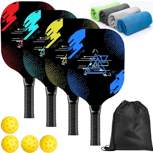Premium Pickleball Paddle Set - 4 Wood Paddles, 4 Balls & Towels