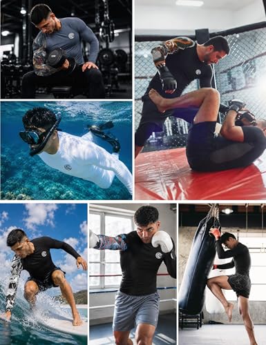 Roadbox Men's UPF 50+ BJJ Rash Guard - Long Sleeve Compression MMA Top, Black-White Dragon, Large