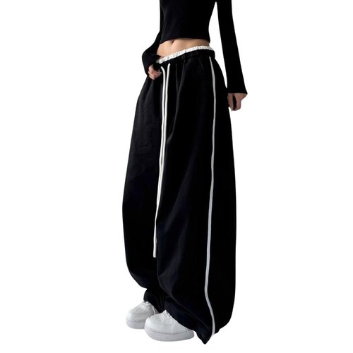 PEAINJ Wide Leg Sweatpants for Women Men Baggy Y2k Sweatpants Elastic Waist Drawstring Joggers Pants Hip Hop Clothes Black-M
