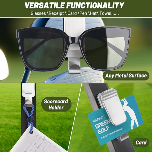Magnetic Golf Cart Sunglass Holder - Aluminum Eyewear Clip with Hook